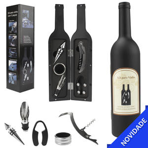 Kit Para Vinho Com 5 Peças Abridor Saca Rolha Tampa Anel E Garrafa Case HD66409 GENERICO