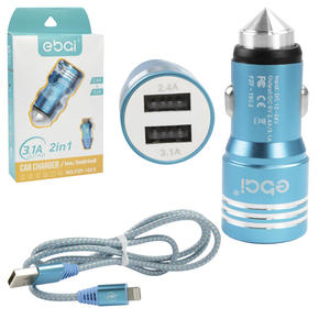 Carregador Automotivo 2 Portas USB 2.4A Com Cabo Lightning 3.1A Azul EBAI FZF-19C2 FZF-19C2 EBAI