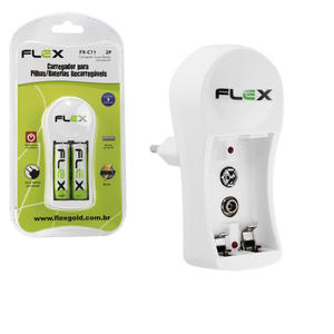 Carregador Para Pilhas/Baterias Recarregáveis 12V 150mA INMETRO Com Duas Pilhas FLEX FX-C11 FX-C11 flex