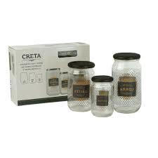 H231 - - CONJUNTO COM TRES POTES VIDRO DECORADO CRETA - ARROZ 1L FEIJAO 720ML ACUCAR 370ML 70109012 hercos casa e cozinha