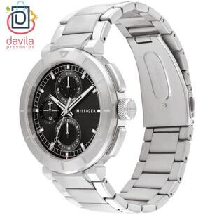 RELOGIO TOMMY HILFIGER MASCULINO FUNDO PRETO/PONTEIRO PRATA/PULSEITA PRATEADA 161652 BELLA FAMME