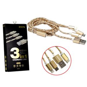 Cabo USB 3 Em 1 V8 Lightning para Iphone USB Type-C Trançado 1.20 Metros Dourado Shinka 3 em 1 SHINKA